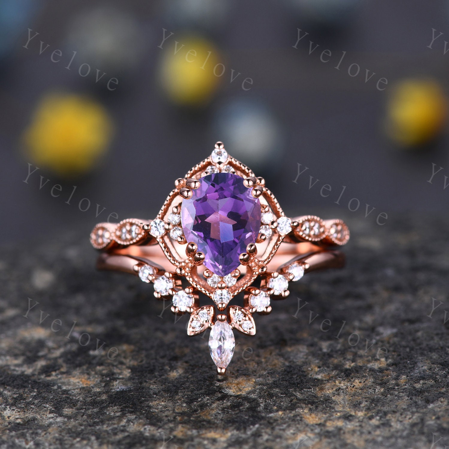 vintage Amethyst Engagement Ring Set, 6x8mm Pear Amethyst Bridal Set, Moissanite Half Eternity Band, Solid Gold, Women Rings Gift For Her, Custom