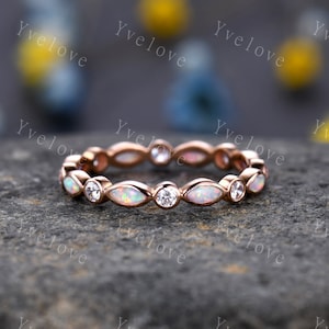 Full eternity white fire Opal wedding ring 14k rose gold diamond wedding band  marquise opal band October Birthstone stacking matching band
