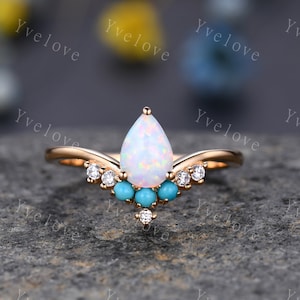 Pear Shaped Opal Engagement Ring,Opal Turquoise Wedding Ring,Bridal Ring,October Birthstone,14k Yellow Gold Anniversary Promise Ring Gift