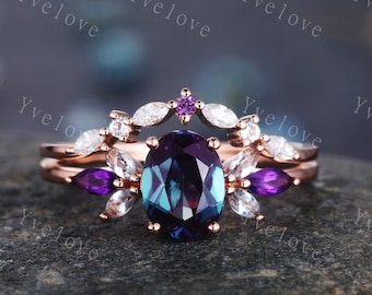 Vintage Alexandrite Engagement Ring Set Rose Gold Women Moissanite Amethyst Gem Matching Band Promise Bridal Stacking Ring Set Gift for her