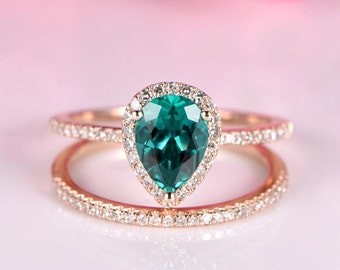 Emerald ring set 6x8mm pear emerald engagement ring half eternity diamond wedding band diamond ring solid 14k rose gold anniversary ring