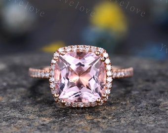 9mm Morganite engagement ring cushion morganite ring pink gemstone diamond wedding band petite band solid 14k rose gold wedding ring for her