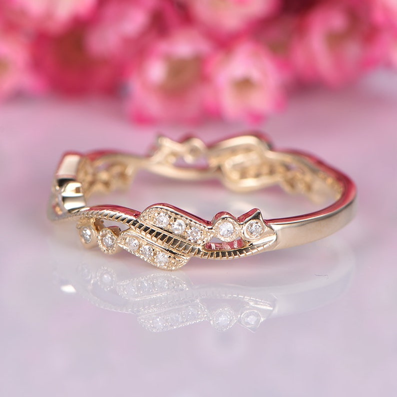 Half eternity floral diamond wedding band 14k yellow gold promise ring natural SI diamonds matching stacking ring anniversary gift
