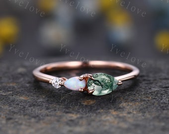 Unique Moss Agate Opal Engagement Ring,Pear Cut Gems,Art Deco Moissanite Wedding Band,3 Stone Unique Women Bridal Promise Ring,Customized