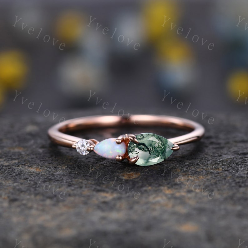 Unique Moss Agate Opal Engagement Ring,Pear Cut Gems,Art Deco Moissanite Wedding Band,3 Stone Unique Women Bridal Promise Ring,Customized image 1