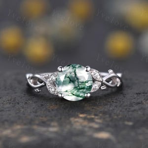 Dainty Round Natural Moss Agate S925 Sterling Silver Engagement Ring Art Deco Vintage Nature Inspired Leaf Ring Cluster Wedding Anniversary