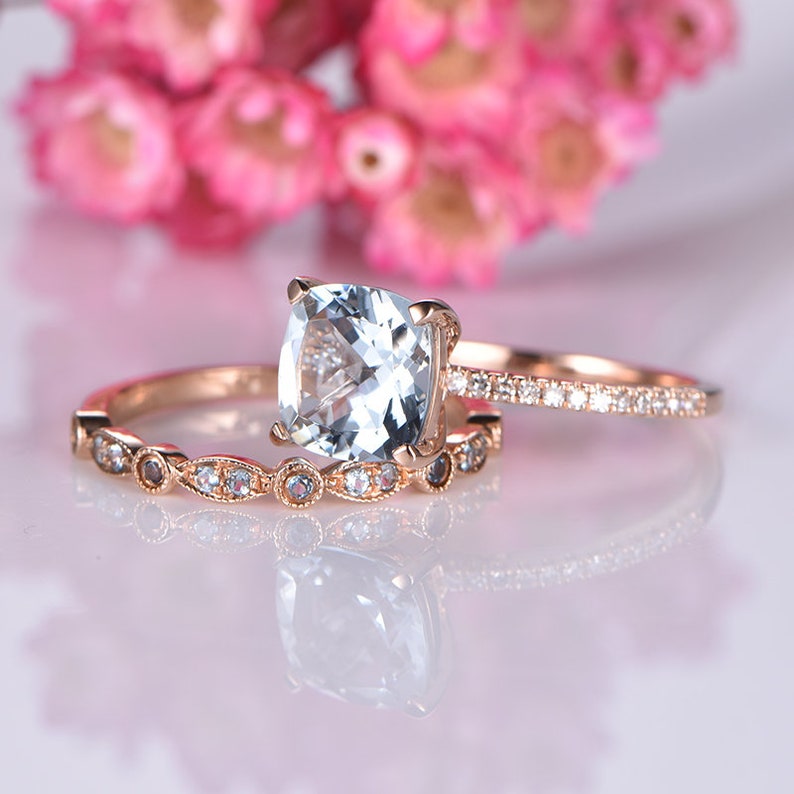 Aquamarine Engagement Ring Set 14k Rose Gold Art Deco Diamond - Etsy