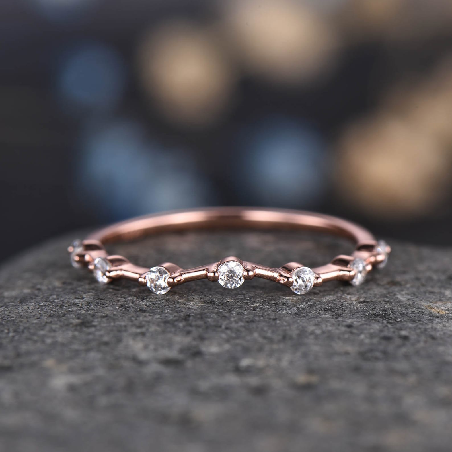 Dainty Diamond Wedding Band Rose Gold Curved Wedding Ring - Etsy