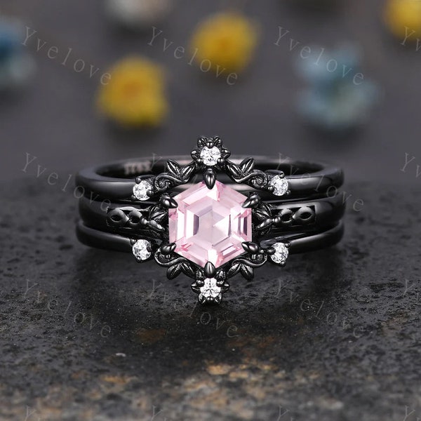 Hexagon Shaped Pink Sapphire Engagement Ring Set 925 Silver Vintage Sapphire Wedding Ring Enhancer Band Art Deco Bridal  Ring Set For Women