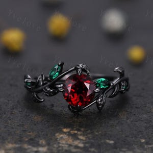 Vintage Round Red Garnet Engagement Ring,Silver Black Gold,Cluster Leaf Vine Emerald Wedding Ring,Women Bridal Ring,Art Deco Promise Gift