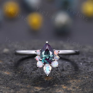 Vintage Birnen-Alexandrit-Opal-Verlobungsring, Weißgold-Ring, Art-Deco-Mondstein-Ehering, einzigartiges Jubiläumsring-Geschenk, personalisierte Edelsteine