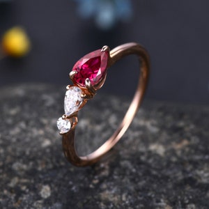 Vintage Red Ruby Ring Engagement Ring,Pear Cut Gems,Art Deco Moissanite Wedding Band,3 Stone Unique Women Bridal Promise Ring,Rose gold image 2