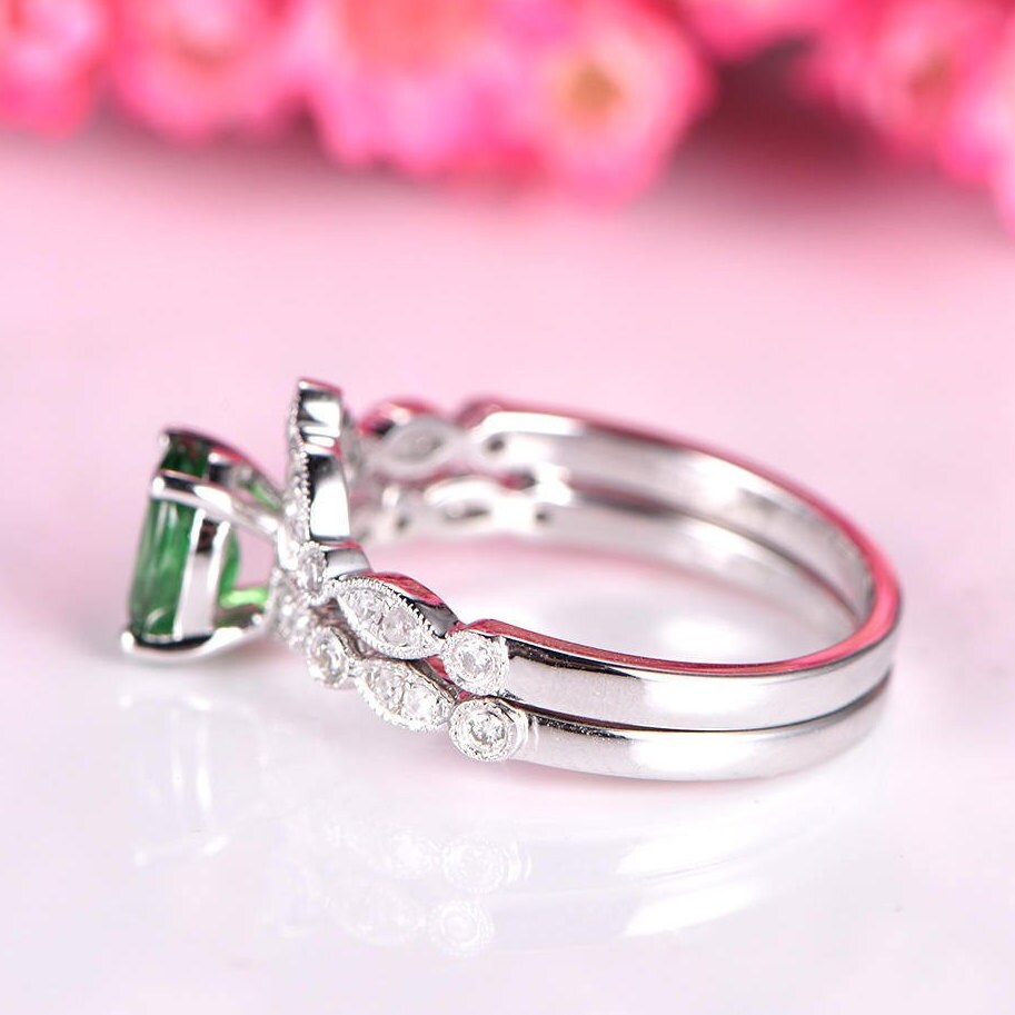 Tsavorite Ring Set Tsavorite Engagement Ring Half Eternity V | Etsy