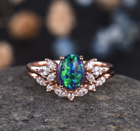 Blue Opal Engagement Ring Set Women Stacking Matching Band - Etsy