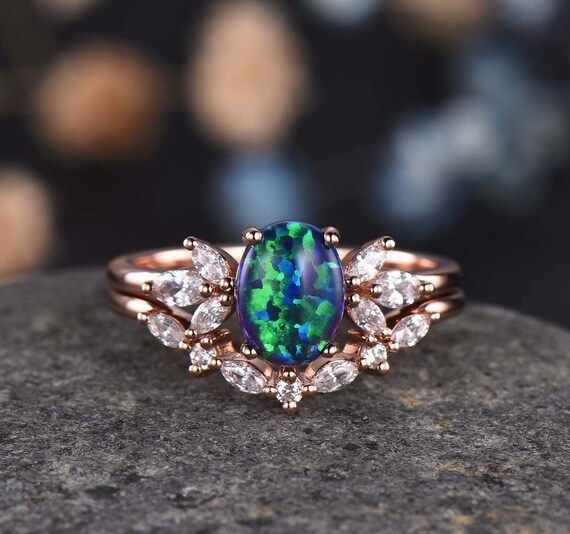 Blue Opal Engagement Ring Set Women Stacking Matching Band Diamond