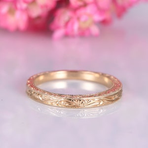 14k Gold Ring Gelbgold Filigree Milgrain Rand Ehering Stapeln Passende Band Retro Vintage Jubiläum Ring