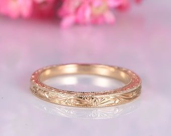 14k Schlichter Goldring Gelbgold Filigran Milgrain Rand Ehering Stapelring Passende Band Retro Vintage Jubiläumsring