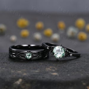 Unique Moss Agate Couples Ring Black Gold  Natural Agate Matching Ring Set His and Hers Wedding Band Promise Ring Gift For Men For Women