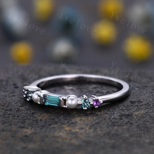 Minimalist Baguette cut alexandrite band danity pearl amethyst wedding band women stackable matching band white gold personalized ring gift image 4