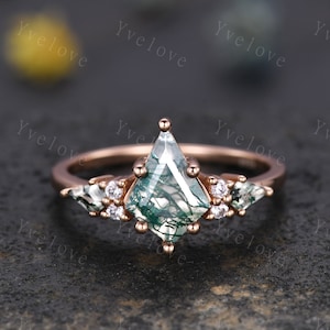 Natural Agate Engagement Ring Kite Green Moss Agate Ring Rose Gold Ring Promise Ring Real Diamond  Anniversary Gift For Her Personalized