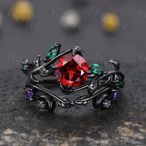 Vintage Round Red Garnet Engagement Ring Set,Black Gold Ring,Cluster Leaf Vine Emerald Wedding Ring,Women Bridal Ring,Art Deco Promise Gift