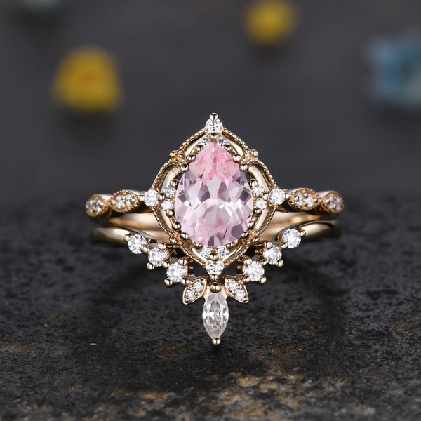 Vintage Pink Sapphire Engagement Ring,Pear Shape Sapphire Ring Set,14K Gold Ring,Unique Women Moissanite Promise Ring For Her,Handmade Gift