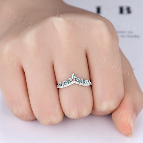 Unique Moss Agate shops Rings for Women,Marquise moss agate Ring,White Gold Green Gems Engagement Ring,Diamond Stacking Wedding Band,Promise Gift