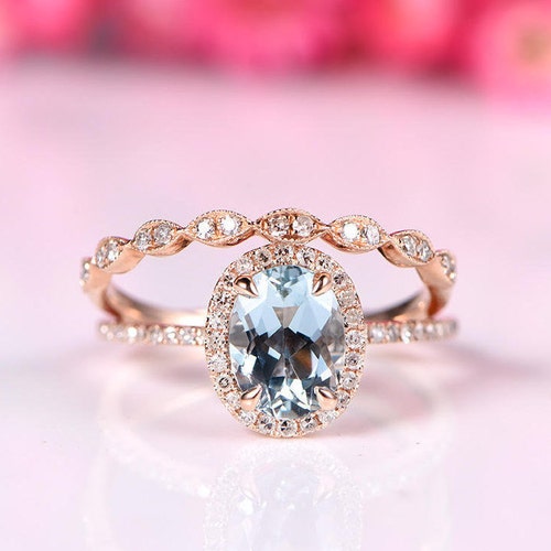 Vintage Aquamarine Engagement Ring Rose Gold Band Oval Shaped - Etsy
