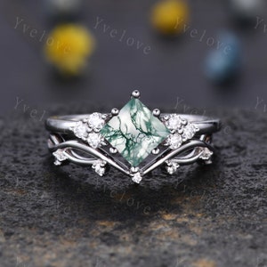 Bague en agate princesse rétro, ensemble de bague vintage en argent sterling, bague de fiançailles en agate verte unique, bague de promesse, cadeau de bague de mariée pour les femmes