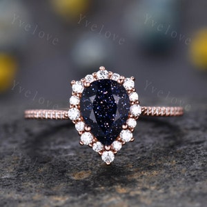 Tropfen Blauer Sandstein Verlobungsring, Vintage Sandton Ring, Diamant Ehering, 14K Rose Gold, passender Band, Jahrestag Versprechen Ring Geschenk