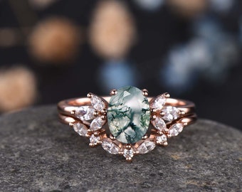 Moss Agate Engagement Ring Set Women Stacking Matching Band Diamond/Moissanite Eternity Ring Unique Vintage Floral Design Promise Gift