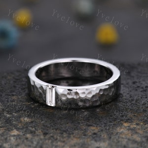 Mens Moissanite Wedding Band Baguette Cut Moissanite Band 5mm Solid Gold Ring Mens Hammered Stacking Matching Band Retro Vintage Ring Gift