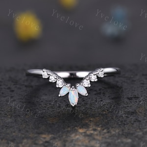 Art Deco Opal Wedding Band,Marquise Opal Band,Moissanite Diamond Band,V Chevron Ring,Matching Stacking Ring Bridal Promise Ring Gift,Silver