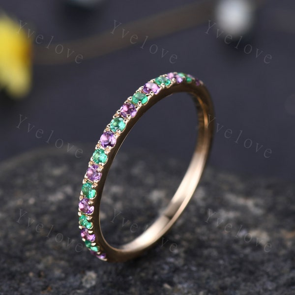 Amethyst emerald band art deco amethyst ring 14k rose gold emerald stacking matching band May birthstone gift promise bridal ring custom