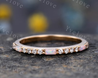 Baguette Shaped White Fire Opal Diamond Wedding Ring 14k Yellow Gold Band 1.5mm Pave Band Half Eternity Band Stacking Ring Anniversary Gift