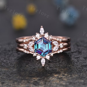 Hexagon Alexandrite Ring Set,Alexandrite Engagement Ring,Enhancer Wedding Ring,Double Curved band,Women Bridal Stacking Moissanite Band Gift