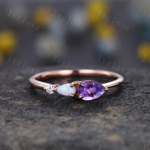 Vintage Amethyst Opal Engagement Ring,Pear Cut Gems,Art Deco Moissanite Wedding Band,3 Stone Unique Women Bridal Promise Ring,Customized