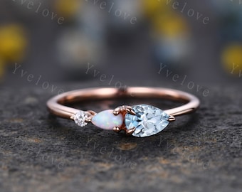 Vintage Aquamarine Opal Engagement Ring,Pear Cut Gems,Art Deco Moissanite Wedding Band,3 Stone Unique Women Bridal Promise Ring,Customized