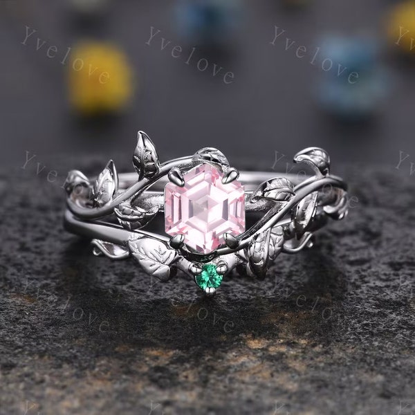 Hexagon Pink Sapphire Ring,Vintage Twig Vine Leaf Ring,Unique Sapphire Engagement Ring,Emerald Ring,Promise Anniversary Bridal Ring Gift