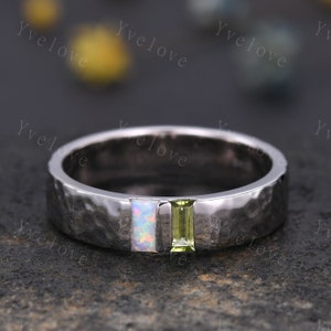 Mens Peridot Opal Wedding Band Baguette Cut Peridot Opal Ring 18k White Gold Ring Hammered Stacking Matching Band Family Birthstone for men