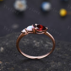 Vintage Red Garnet Opal Engagement Ring,Pear Cut Gems,Art Deco Moissanite Wedding Band,3 Stone Unique Women Bridal Promise Ring,Custom Ring image 4