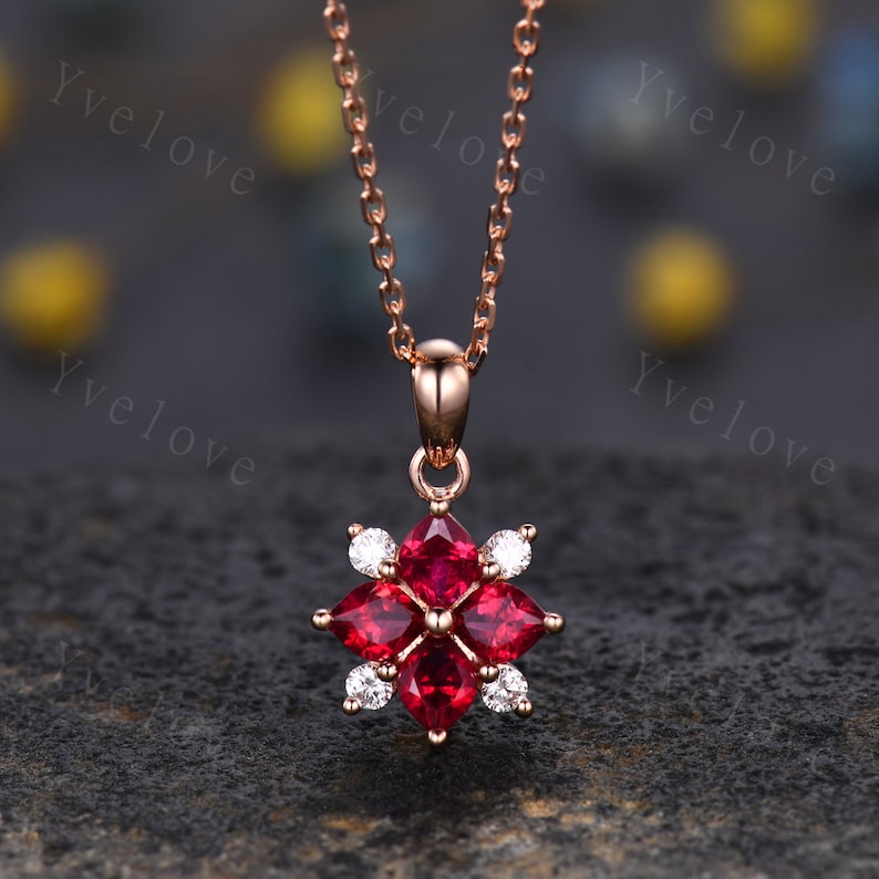 Vintage Natural Red Ruby Diamond Necklace,Pink Gems Pendant Floral Diamond Jewelry Delicate Dainty Necklace Gift For Women,14k Rose Gold,cluster stones,Flower Petals with four real diamonds,with the chain