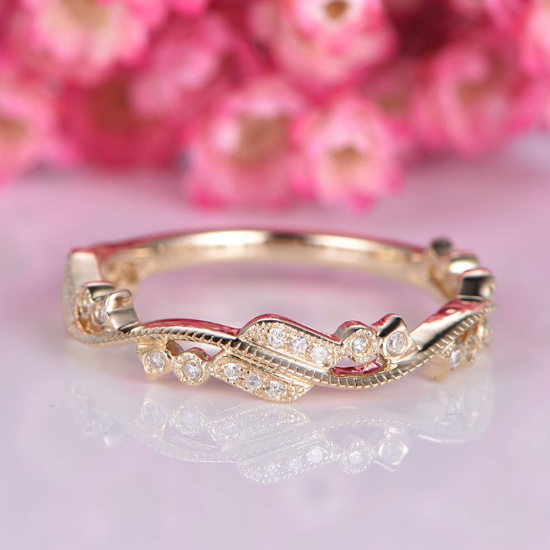Half eternity floral diamond wedding band 14k yellow gold promise ring natural SI diamonds matching stacking ring anniversary gift