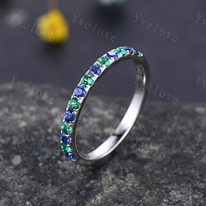 Emerald Sapphire wedding band half eternity art deco emerald ring 14k white gold gemstone promise bridal matching band May birthstone custom