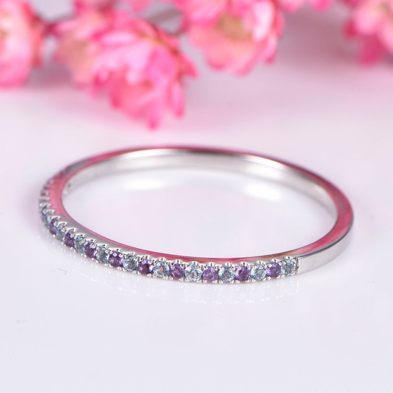 Amethyst Aquamarine Wedding Ring Half Eternity Matching Band Etsy