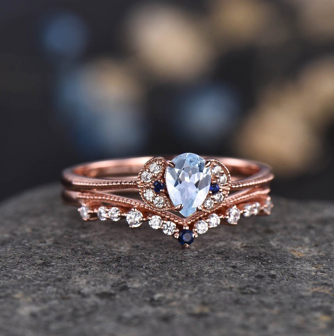 Pear Shaped Aquamarine Rose Gold Wedding Ring Set Diamond - Etsy