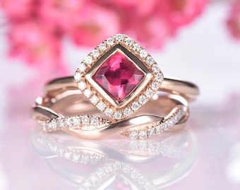 Tourmaline ring set tourmaline engagement ring rose gold full eternity diamond matching band stacking ring 14k handmade jewelry