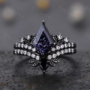 Retro Kite Blue Sandstone Engagement Ring Set,Gothic Leaf Nature Inspired Black Gold Ring,Black Gem Diamond Bridal Ring Women Galaxy Ring
