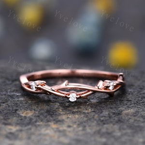 Minimalist Twig Engagement Ring,Twig Matching Band,Women Leaf Diamond Band ,Art Deco Branch Diamond Wedding Band,14k Rose Gold,Twisted Band