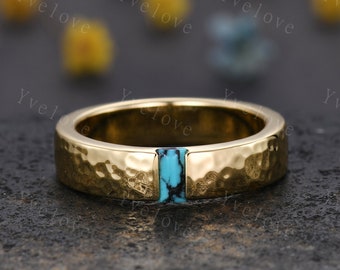 Mens Turquoise Wedding Band Baguette Cut Turquoise Band 5mm Solid Gold Ring Mens Hammered Stacking Matching Band Retro Vintage Ring Gift